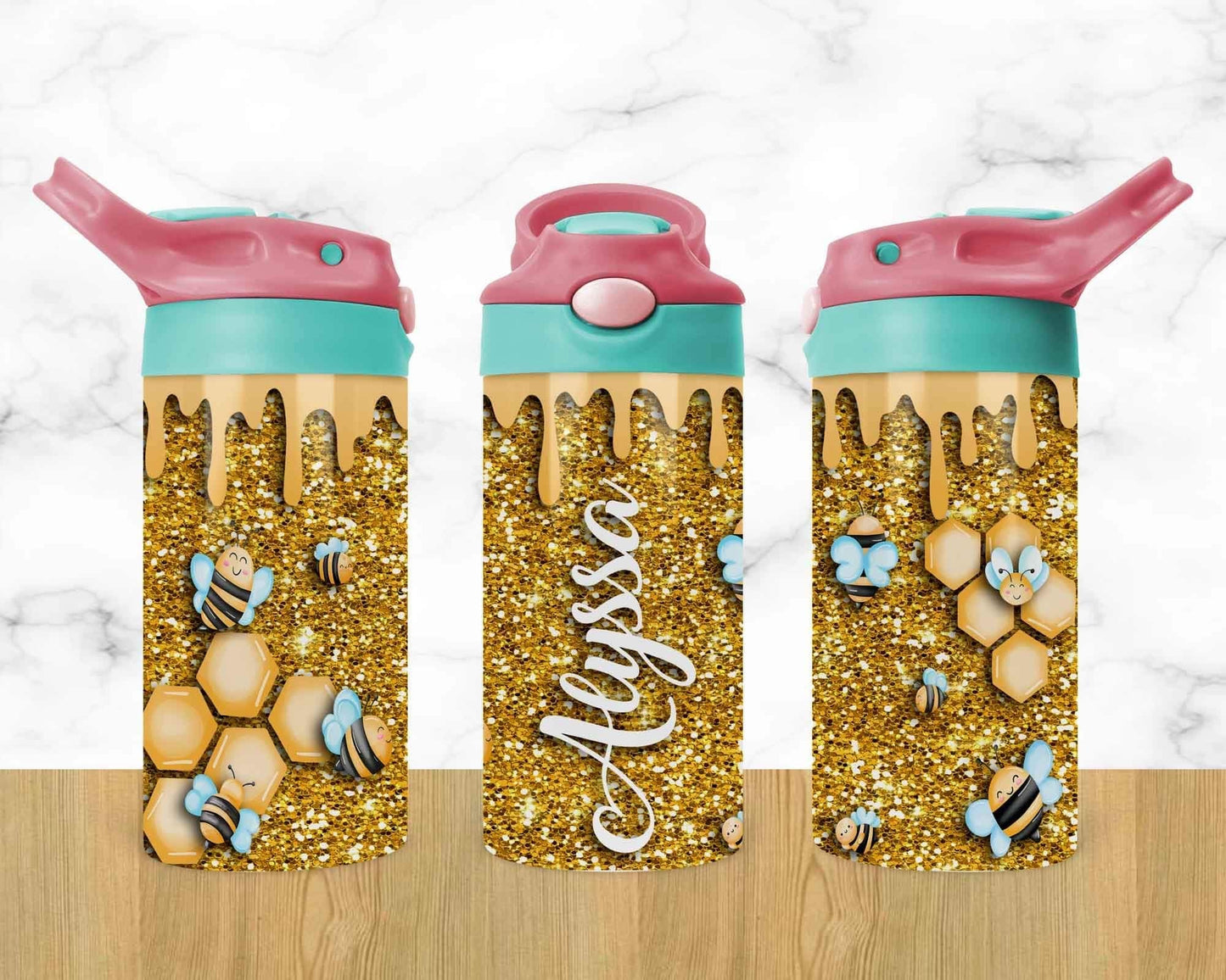 Glitter Gold Bee - 12oz Kids Flip Cup Tumbler