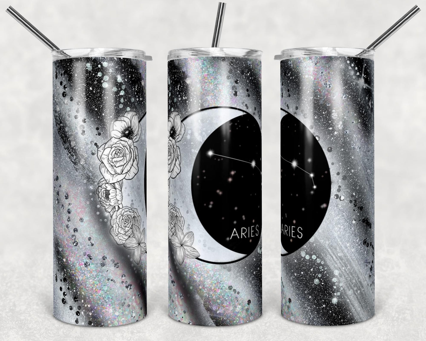 Gray Zodiac Sign- 20oz or 30oz Skinny Tumblers w/ Lid and Metal Straw