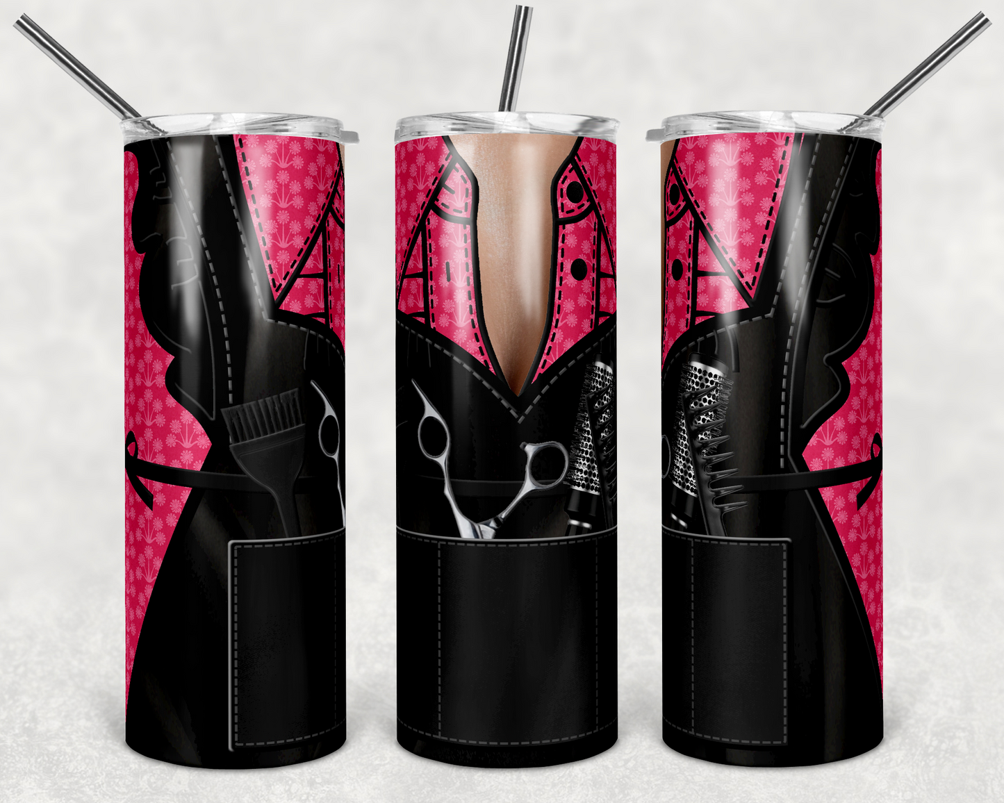 Hot Pink Flowers Hair Apron - 20oz or 30oz Skinny Tumblers w/ Lid and Metal Straw