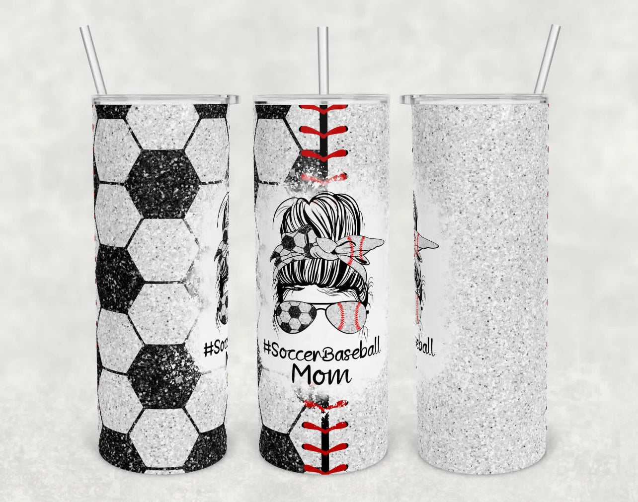 Messy Mom Bun , Soccer , Baseball , Sports - 20oz or 30oz Skinny Tumblers w/ Lid and Metal Straw