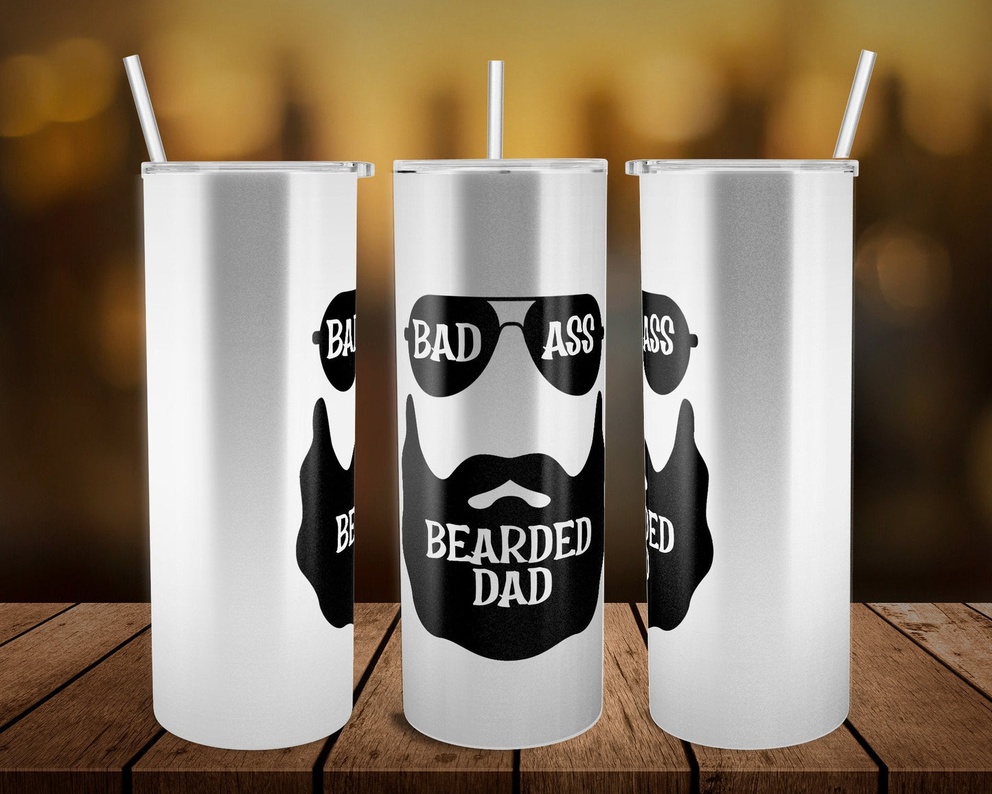 White Bad Ass Bearded Dad- 20 oz or 30oz Skinny Tumblers w/ Lid and Metal Straw