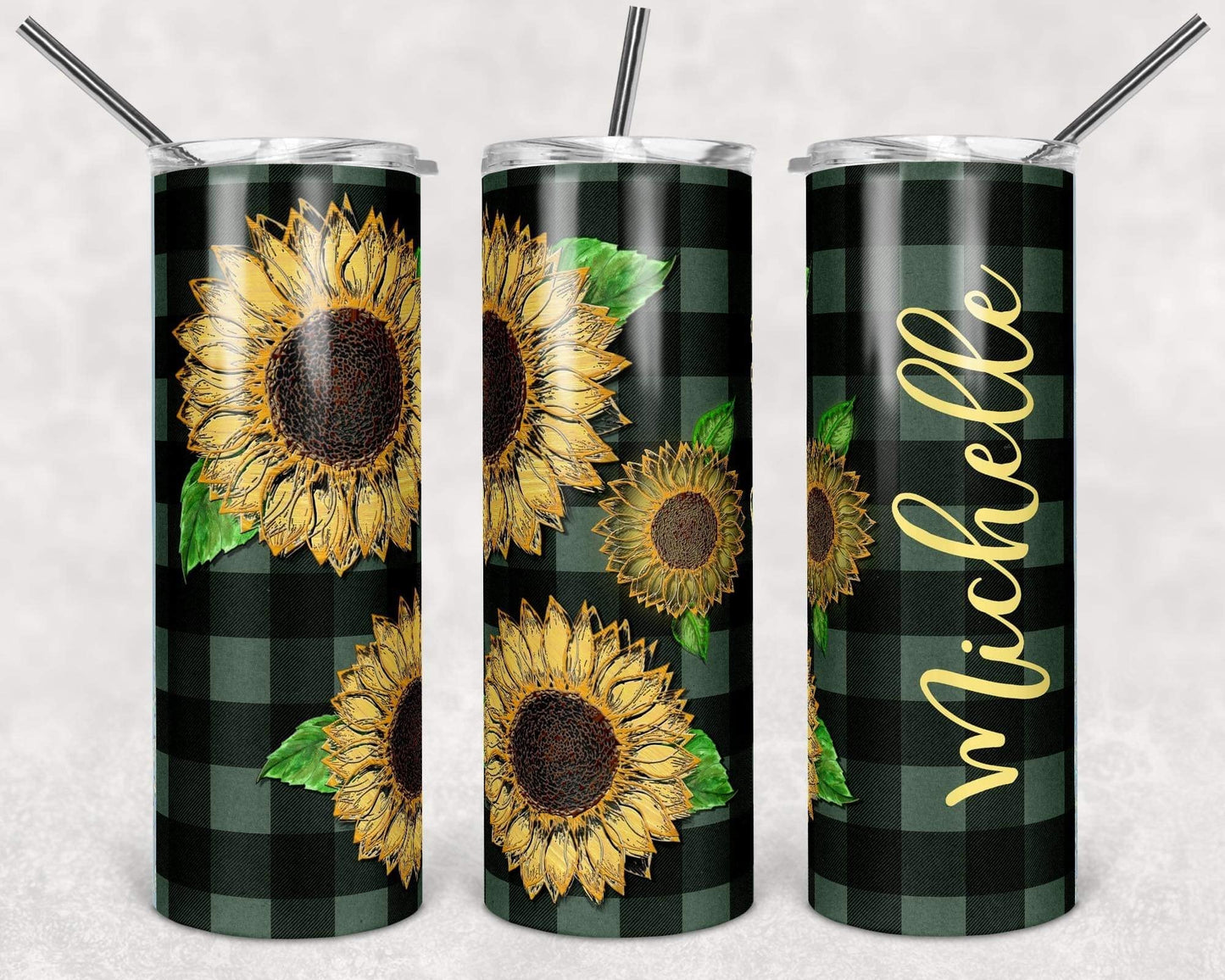 Black Plaid Sunflower - 20oz or 30oz Skinny Tumblers w/ Lid and Metal Straw