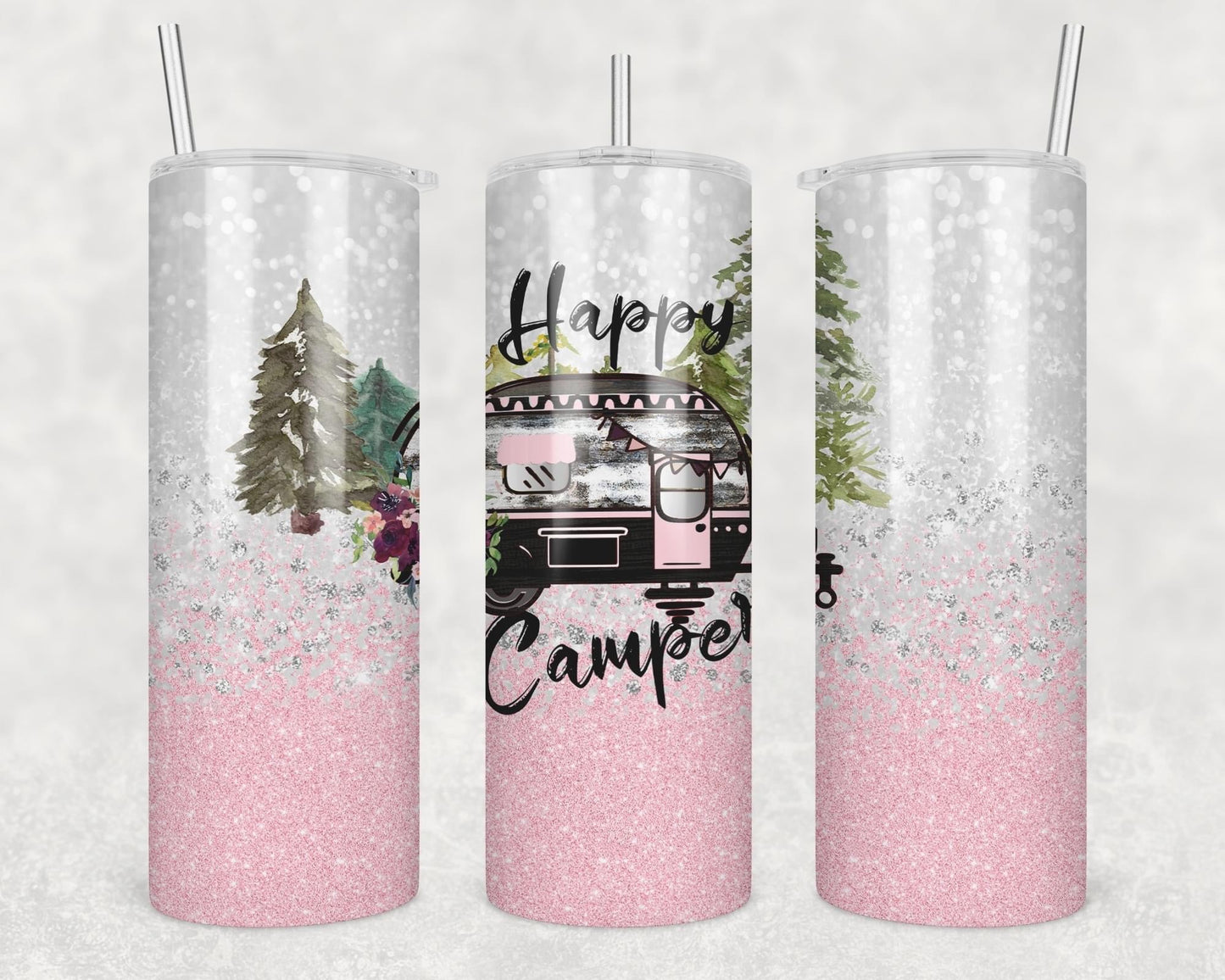 Happy Camper- 20 oz or 30oz Skinny Tumblers w/ Lid and Metal Straw