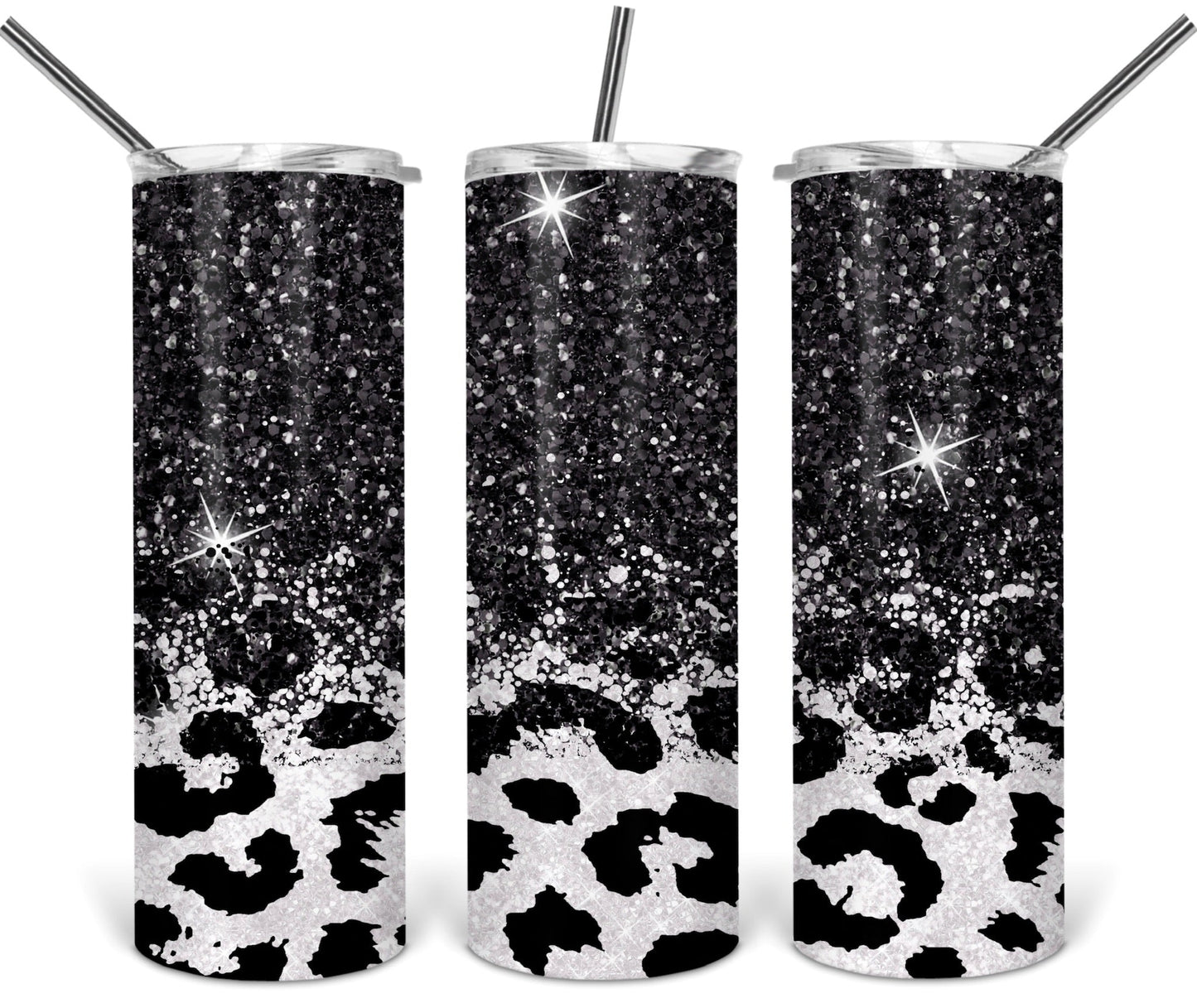 Black and white Glitter Leopard Sparkles Glitter - 20oz or 30oz Skinny Tumblers w/ Lid and Metal Straw