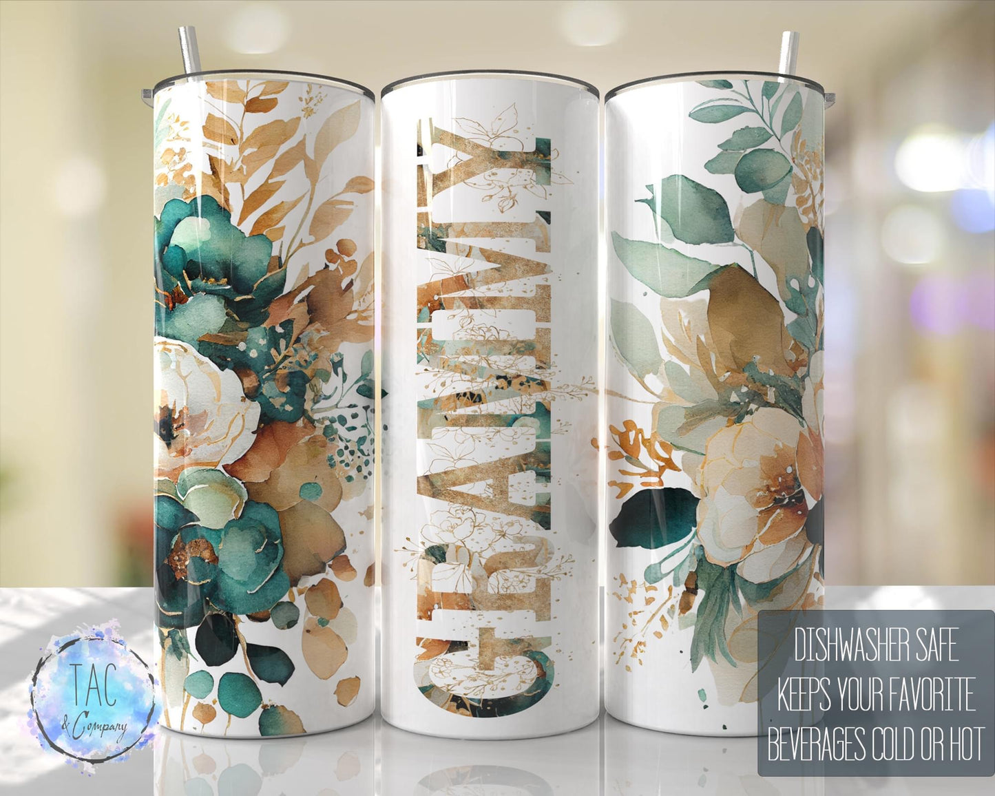 Grammy Emerald Floral -20oz or 30oz Skinny Tumblers w/ Lid and Metal Straw