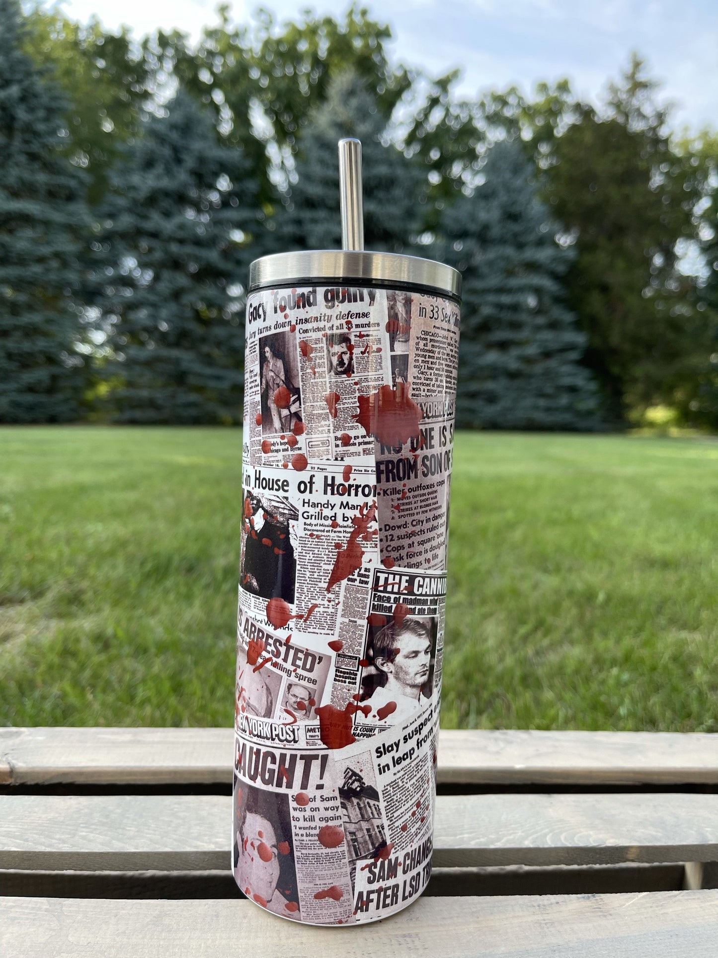 Horror Newspapers - 20oz or 30oz Skinny Tumblers w/ Lid and Metal Straw