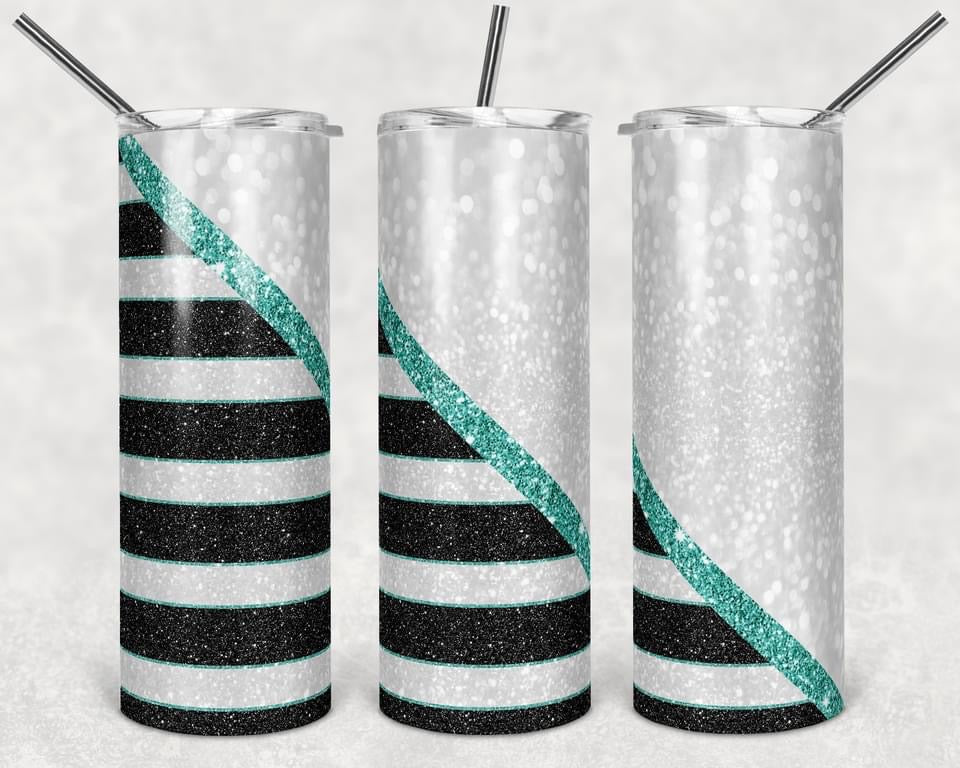 Striped Green Glitter- 20 or 30oz Skinny Tumblers w/ Lid and Metal Straw