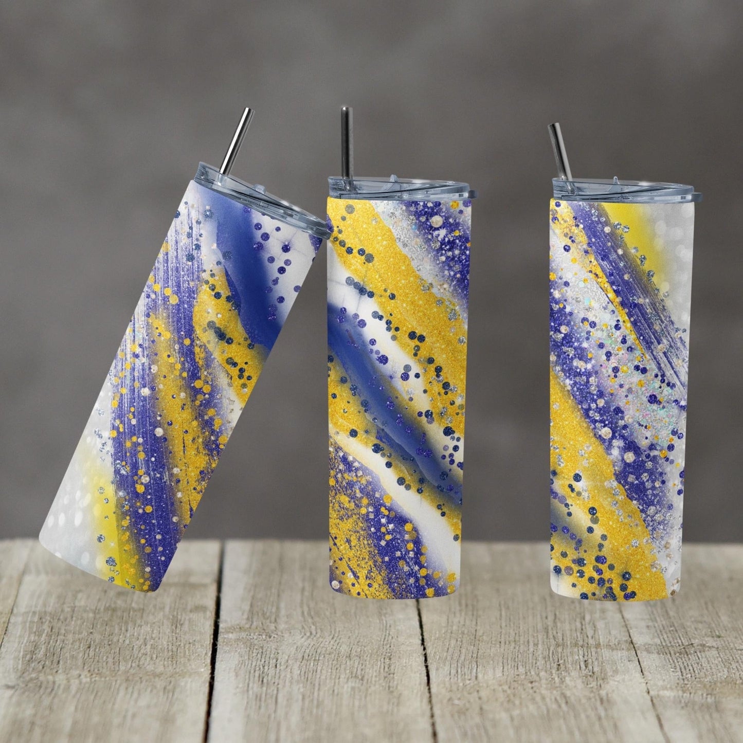Blue White & Gold - 20 oz or 30oz Skinny Tumblers w/ Lid and Metal Straw