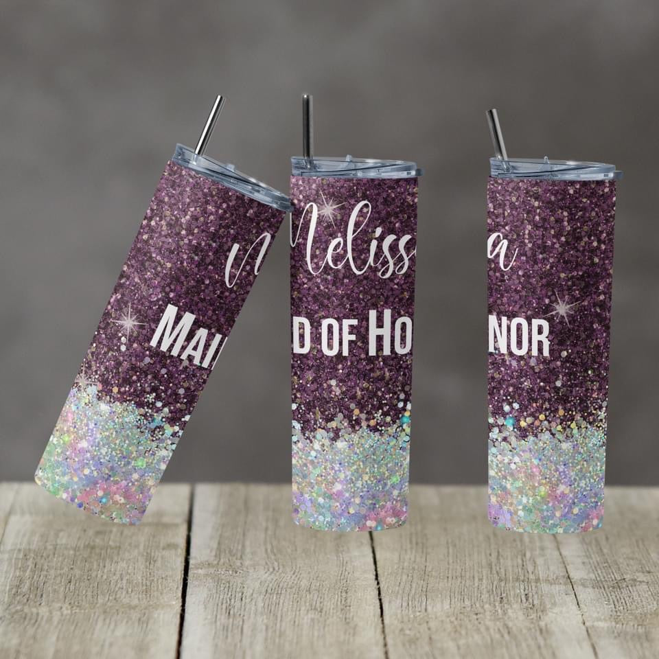 Maid of Honor & Name Glitter- 20 oz or 30oz Skinny Tumblers w/ Lid and Metal Straw