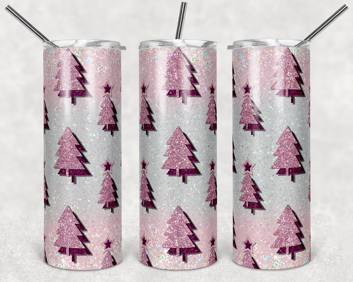 Sparkly Pink Christmas Tree - 20oz or 30oz Skinny Tumblers w/ Lid and Metal Straw