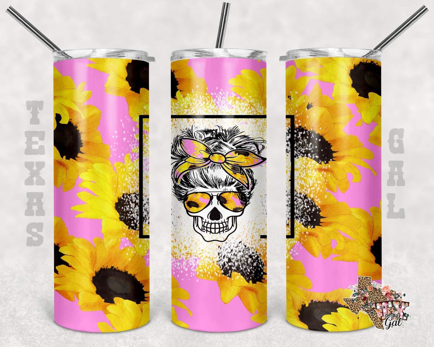 Pink Mom Bun Sunflower - 20oz or 30oz Skinny Tumblers w/ Lid and Metal Straw