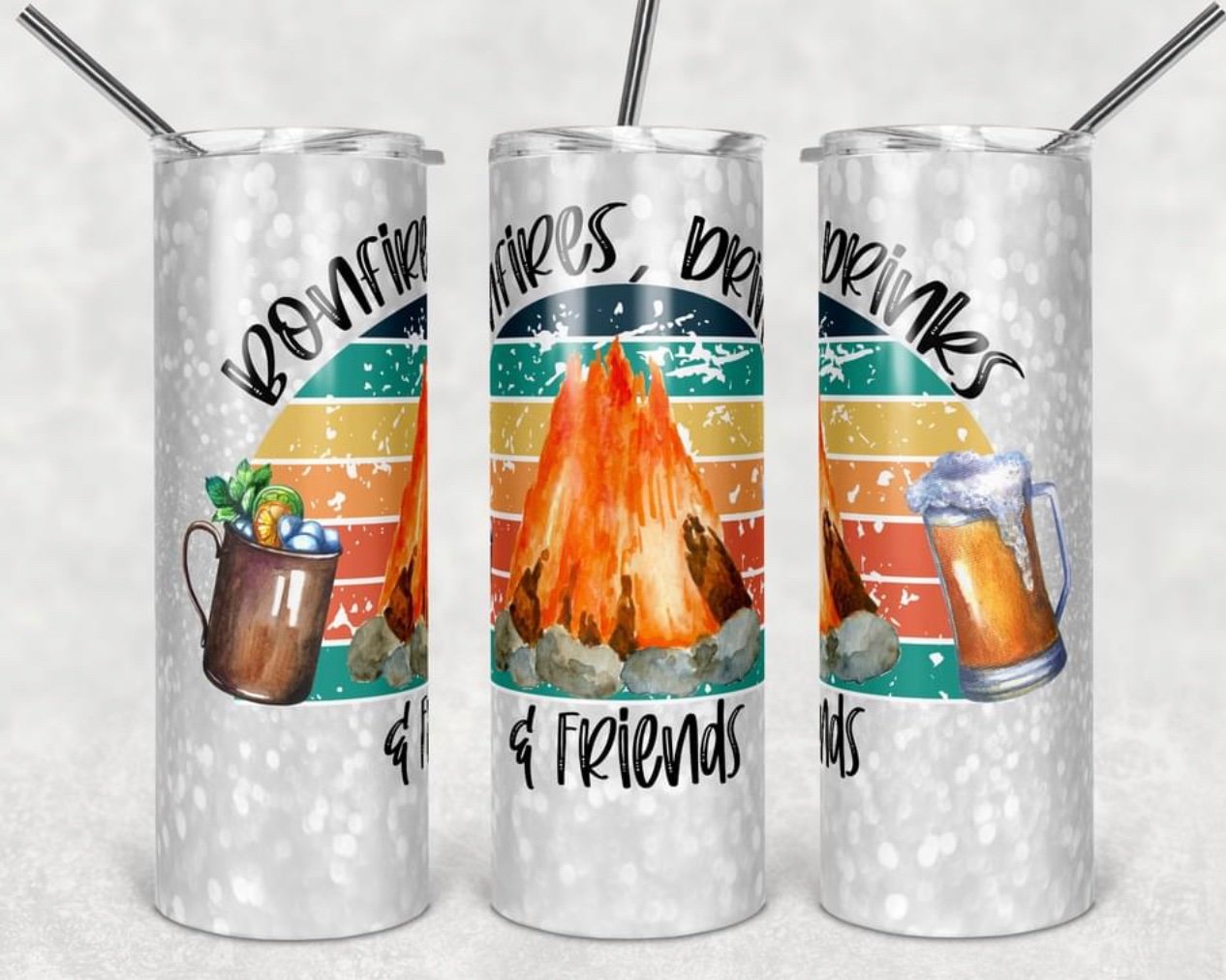 Bonfire, Drinks & Friends- 20oz or 30oz Skinny Tumblers w/ Lid and Metal Straw