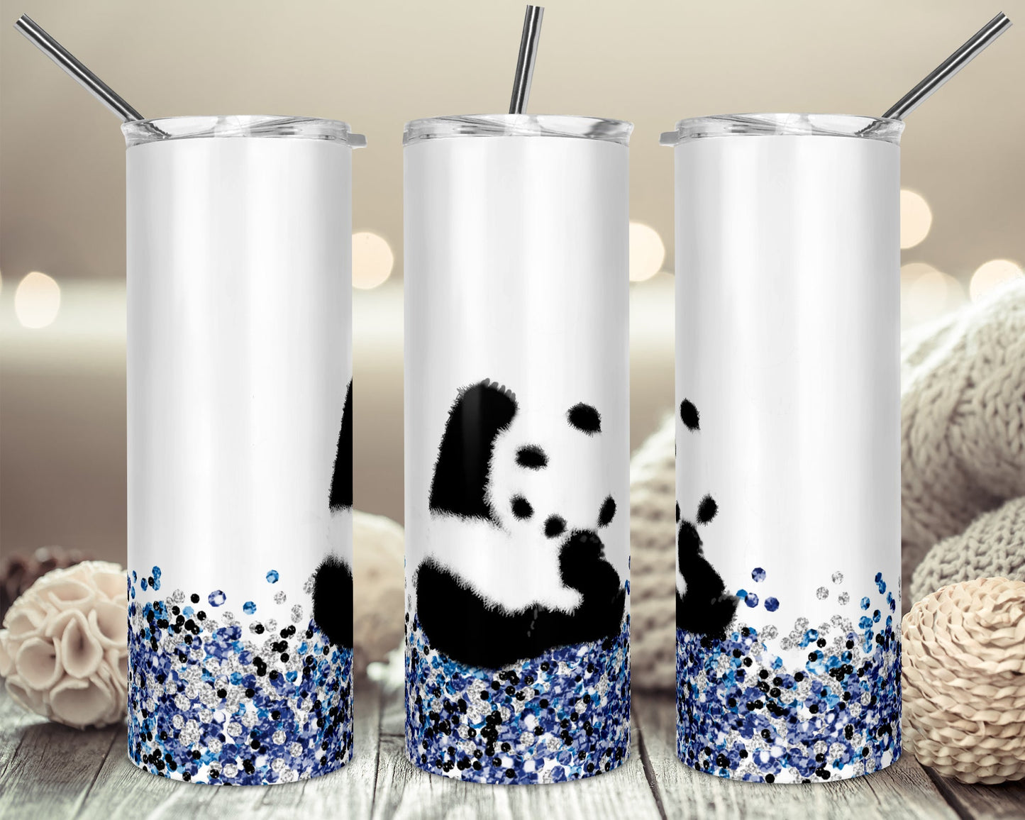 Panda Animal-20 oz or 30oz Skinny Tumblers w/ Lid and Metal Straw