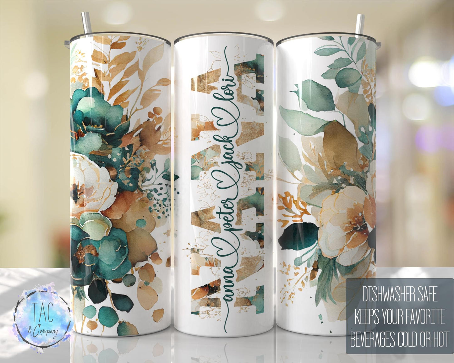 Nana Split Emerald Floral -20oz or 30oz Skinny Tumblers w/ Lid and Metal Straw