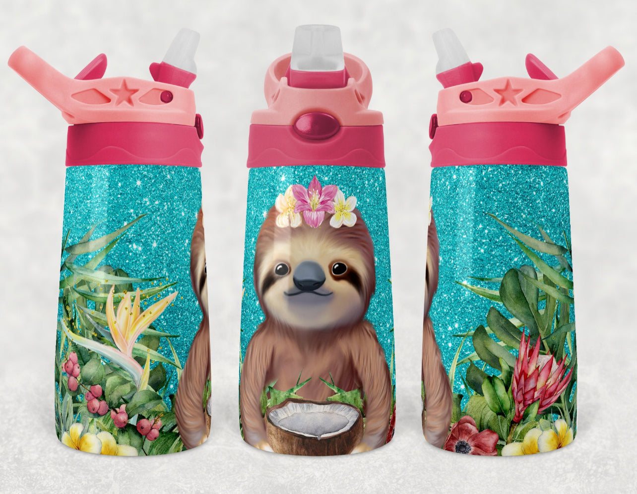 Teal Glitter Sloth - 12oz Kids Flip Cup water Bottle Tumbler