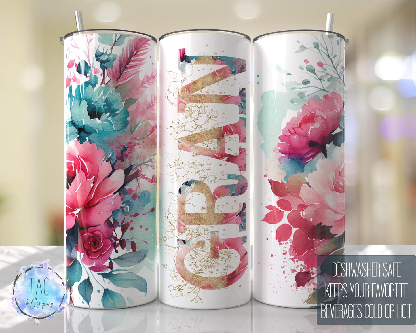 Gran Hot Pink Floral Full Wrap -20oz or 30oz Skinny Tumblers w/ Lid and Metal Straw