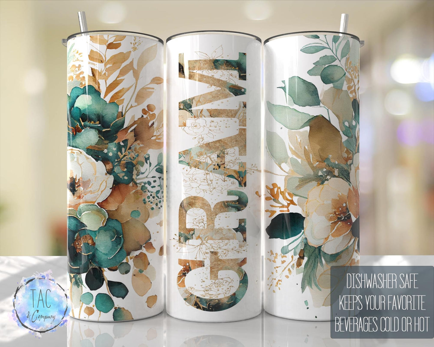 Gram Emerald Floral -20oz or 30oz Skinny Tumblers w/ Lid and Metal Straw