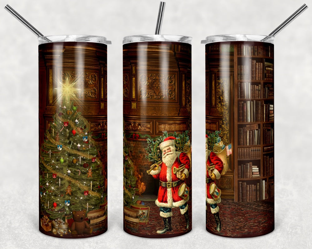 Santa Book Shelf Christmas - 20oz or 30oz Skinny Tumblers w/ Lid and Metal Straw