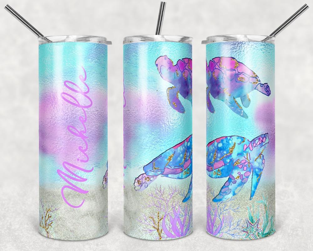 Purple Turtle Custom Name Summer- 20oz or 30oz Skinny Tumblers w/ Lid and Metal Straw