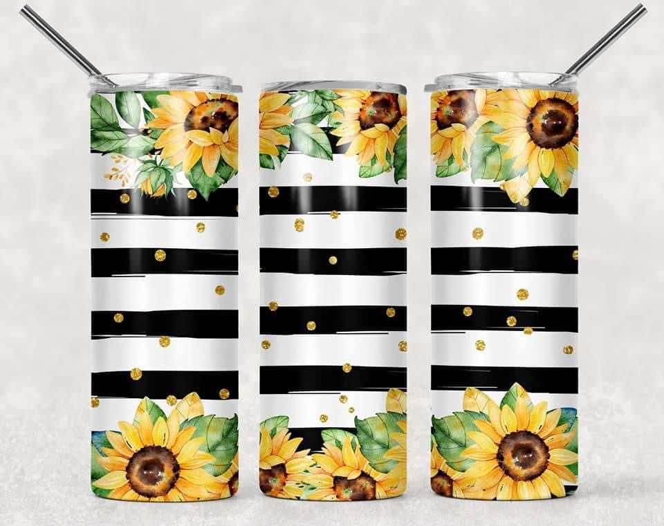 Striped Sunflower- 20oz or 30oz Skinny Tumblers w/ Lid and Metal Straw