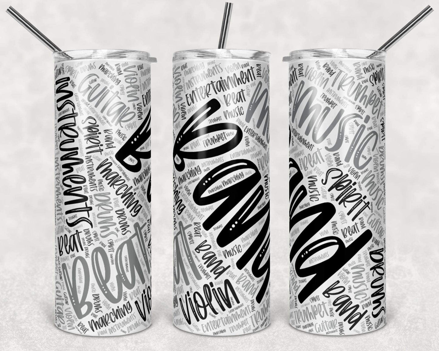 Band Words- 20oz or 30oz Skinny Tumblers w/ Lid and Metal Straw