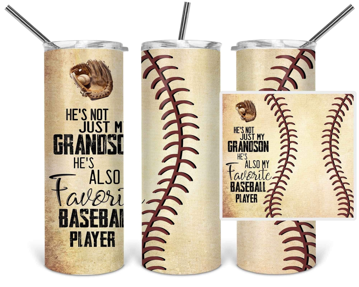 Grandson Favorite Baseball - 20oz or 30oz Skinny Tumblers w/ Lid and Metal Straw