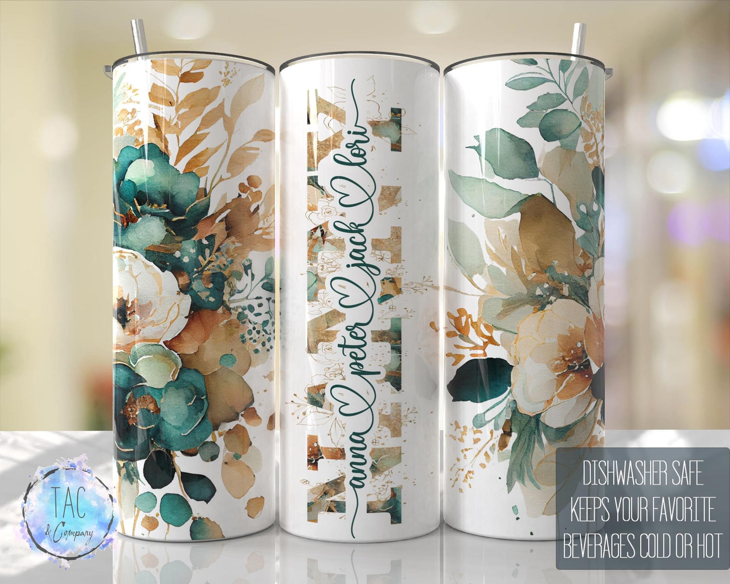 Nanny Split Emerald Floral -20oz or 30oz Skinny Tumblers w/ Lid and Metal Straw