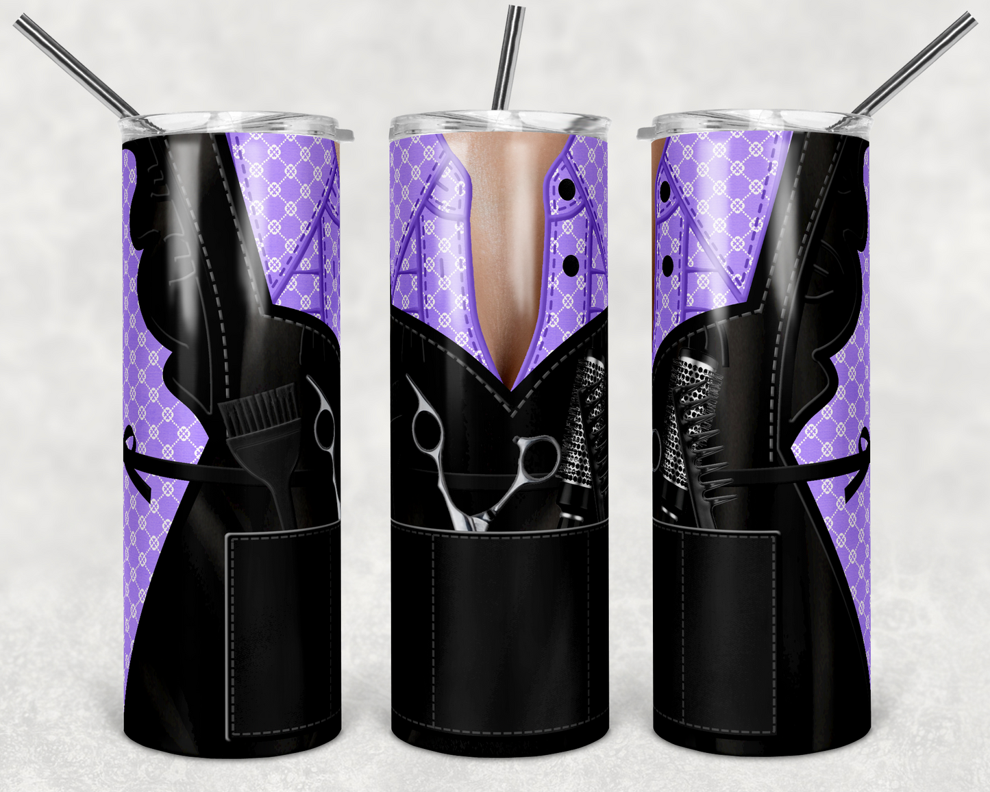 Light Purple Plaid Hair Apron - 20oz or 30oz Skinny Tumblers w/ Lid and Metal Straw