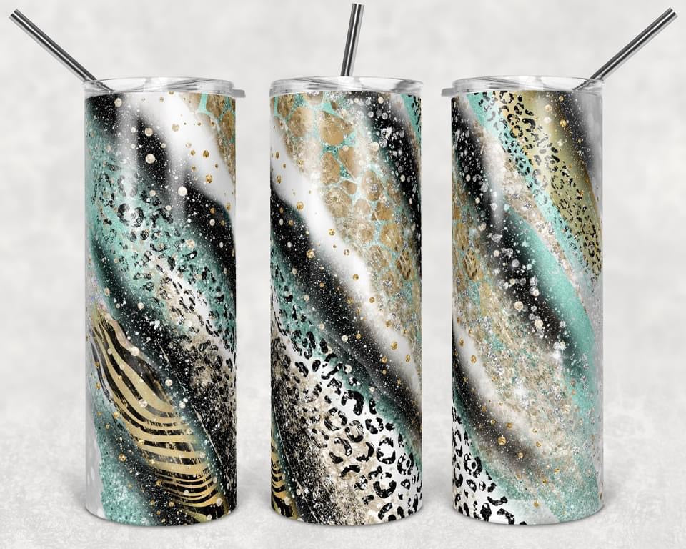 Glitter Cheetah Stripe Effect- 20oz or 30oz Skinny Tumblers w/ Lid and Metal Straw