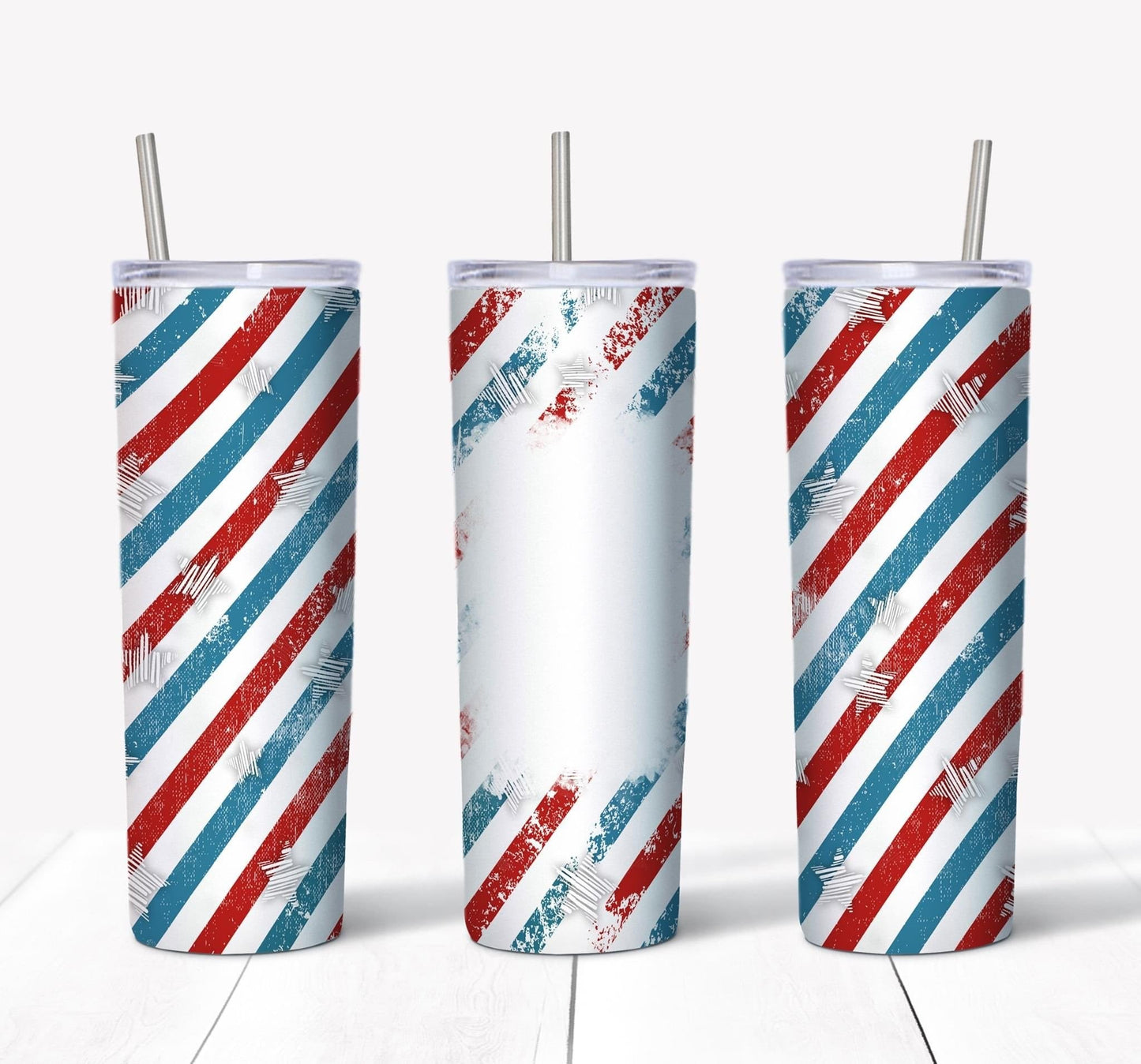 Red White & Blue Stripes Picture- 20oz or 30oz Skinny Tumblers w/ Lid and Metal Straw