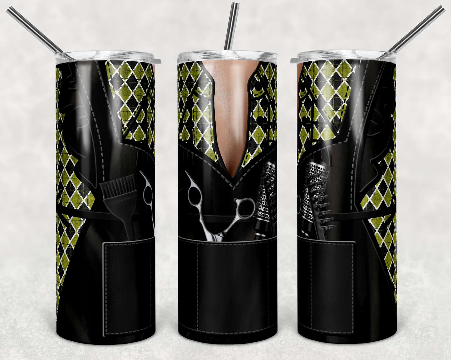 Green Triangles Hair Apron - 20oz or 30oz Skinny Tumblers w/ Lid and Metal Straw