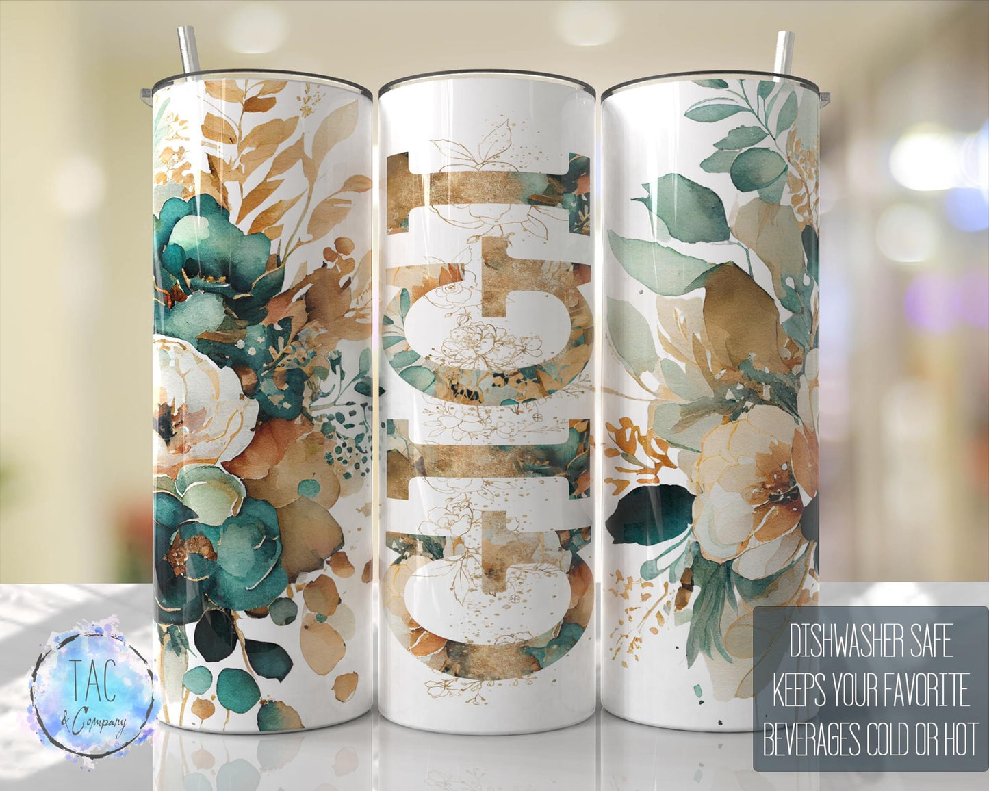 Gigi Emerald Floral -20oz or 30oz Skinny Tumblers w/ Lid and Metal Straw