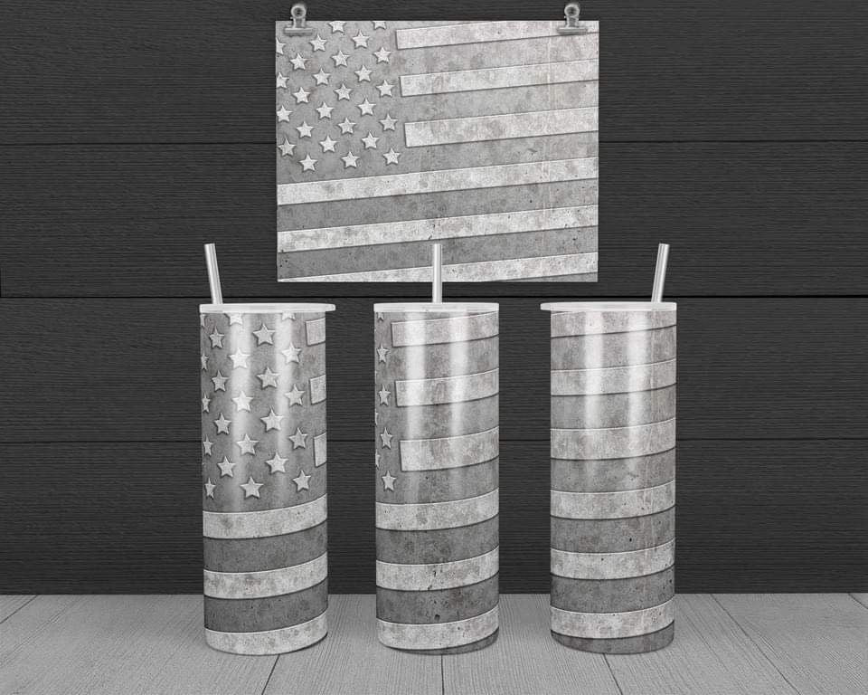 Gray American flag - 20 oz or 30oz Skinny Tumblers w/ Lid and Metal Straw