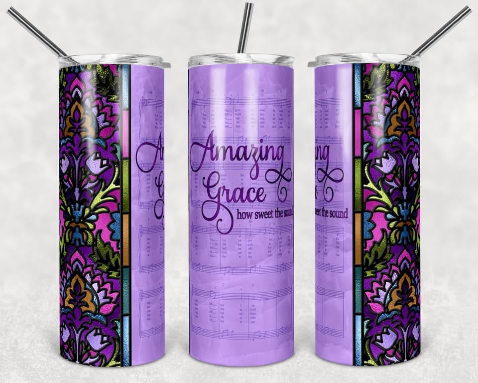 Stained Glass Amazing Grace Purple - 20 oz or 30oz Skinny Tumblers w/ Lid and Metal Straw