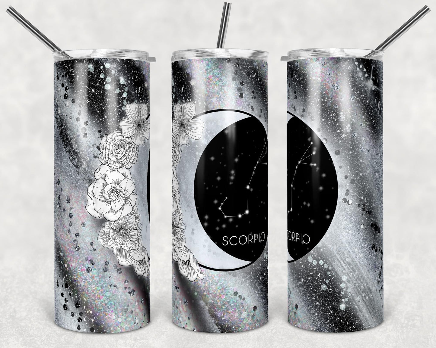 Gray Zodiac Sign- 20oz or 30oz Skinny Tumblers w/ Lid and Metal Straw