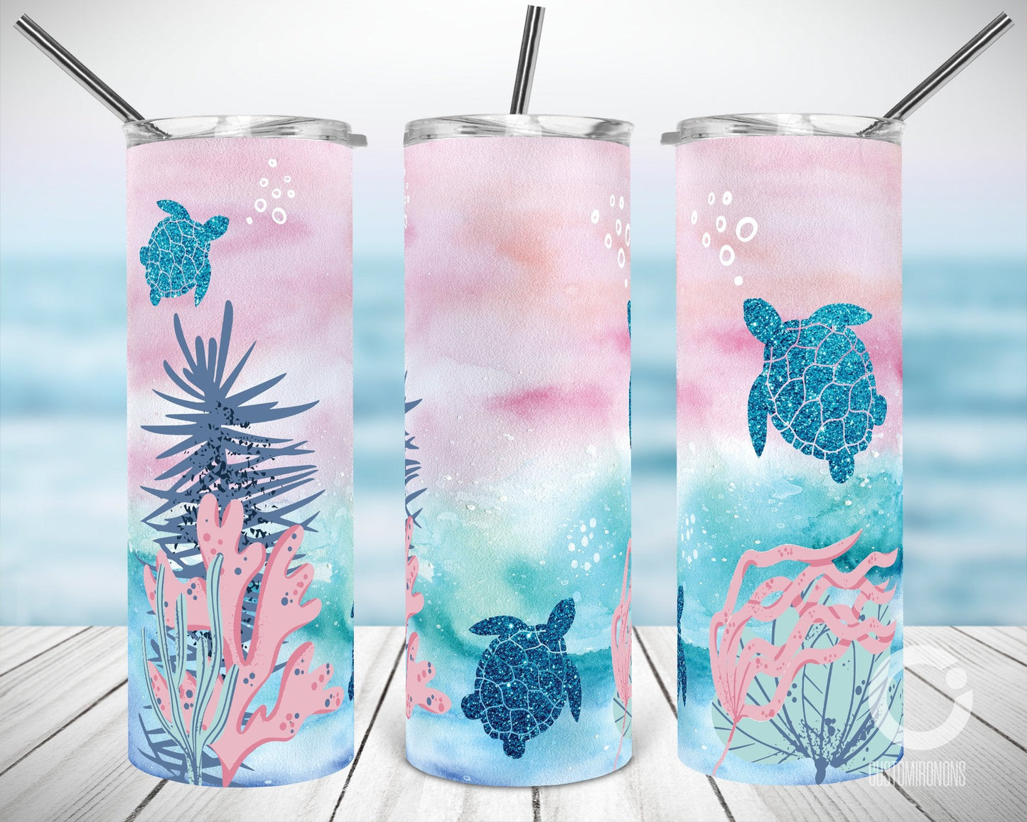 Pink Turtle Summer- 20oz or 30oz Skinny Tumblers w/ Lid and Metal Straw