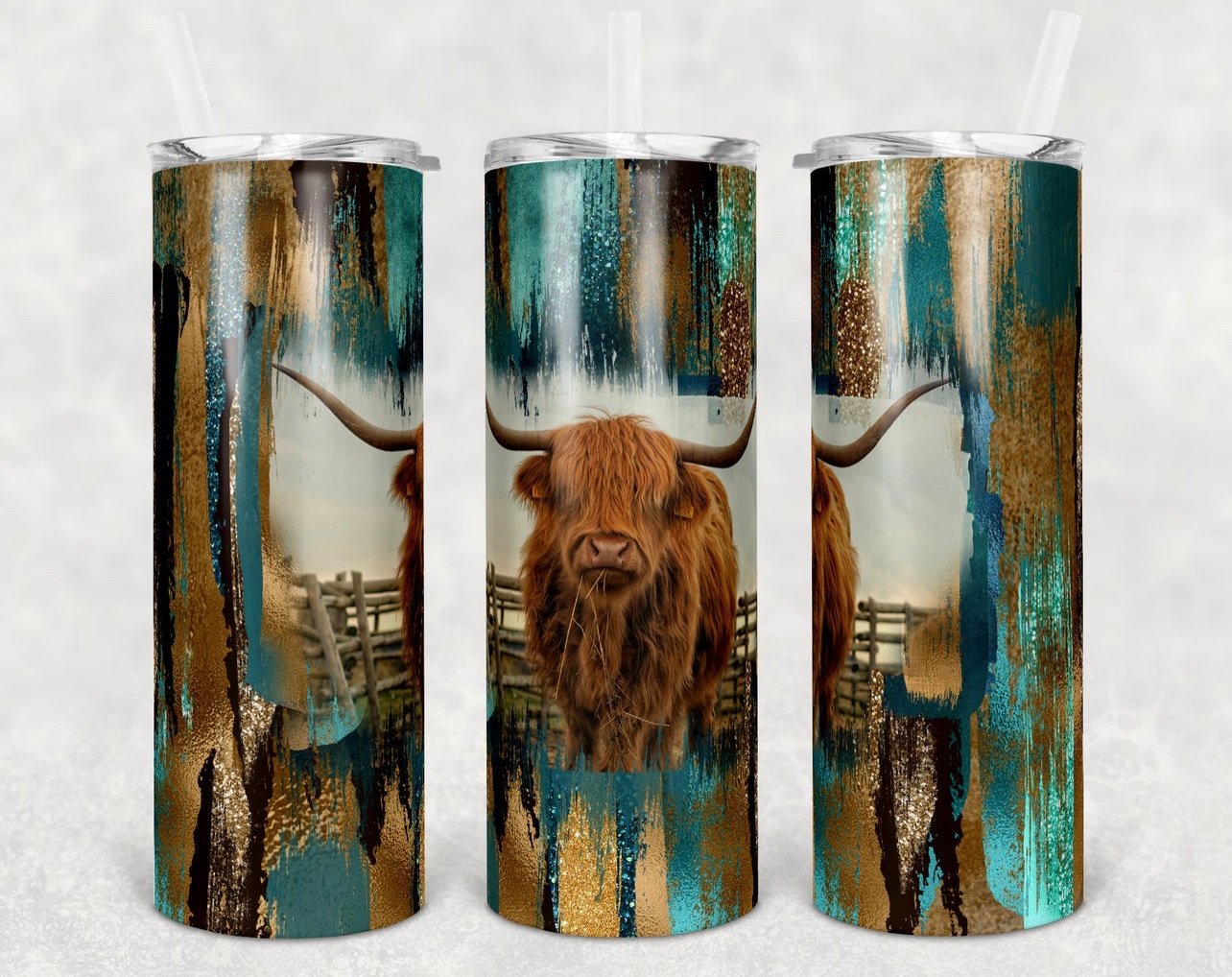 Teal and Brown Cow Animal - 20 oz or 30oz Skinny Tumblers w/ Lid and Metal Straw