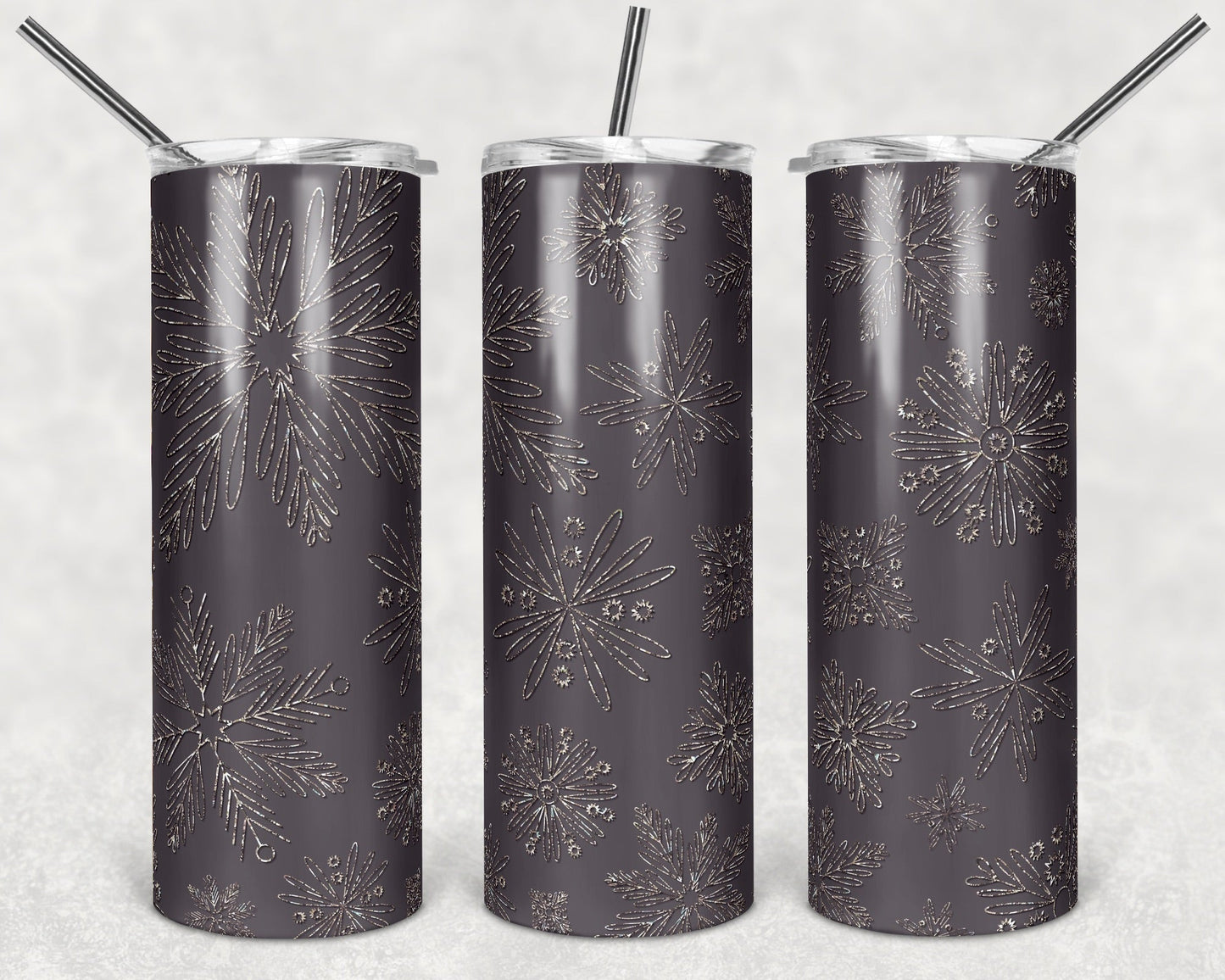 Grey And Silver Sparkles Snowflakes - 20oz or 30oz Skinny Tumblers w/ Lid and Metal Straw