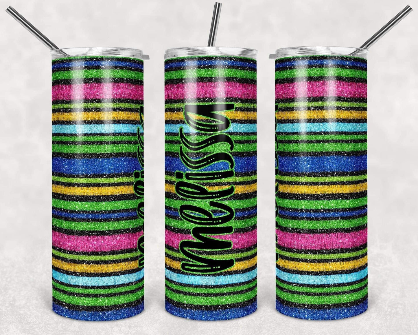 Color Stripes Name- 20oz or 30oz Skinny Tumblers w/ Lid and Metal Straw