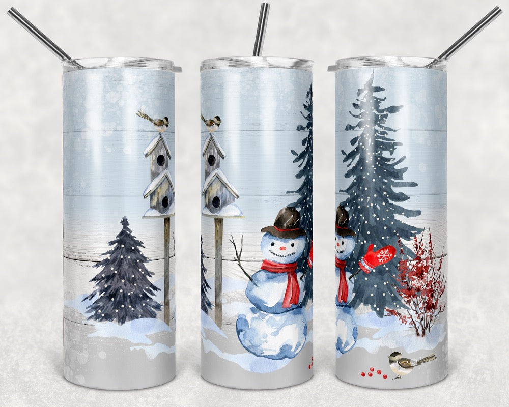 Tree & Snowman Christmas - 20oz or 30oz Skinny Tumblers w/ Lid and Metal Straw