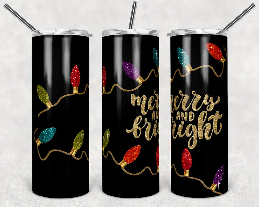 Merry and Bright Christmas - 20oz or 30oz Skinny Tumblers w/ Lid and Metal Straw