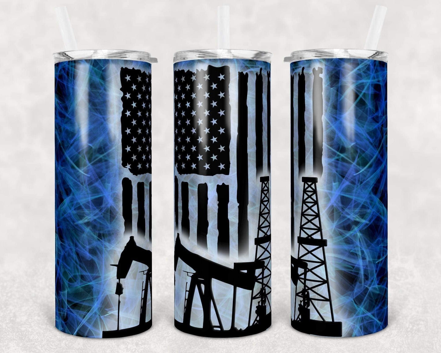 Blue American flag Construction - 20oz or 30oz Skinny Tumblers w/ Lid and Metal Straw