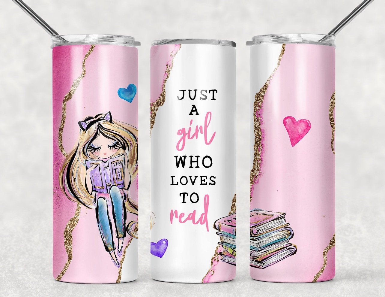 Girl Who Loves To Read- Books- 20oz or 30oz Skinny Tumblers w/ Lid and Metal Straw