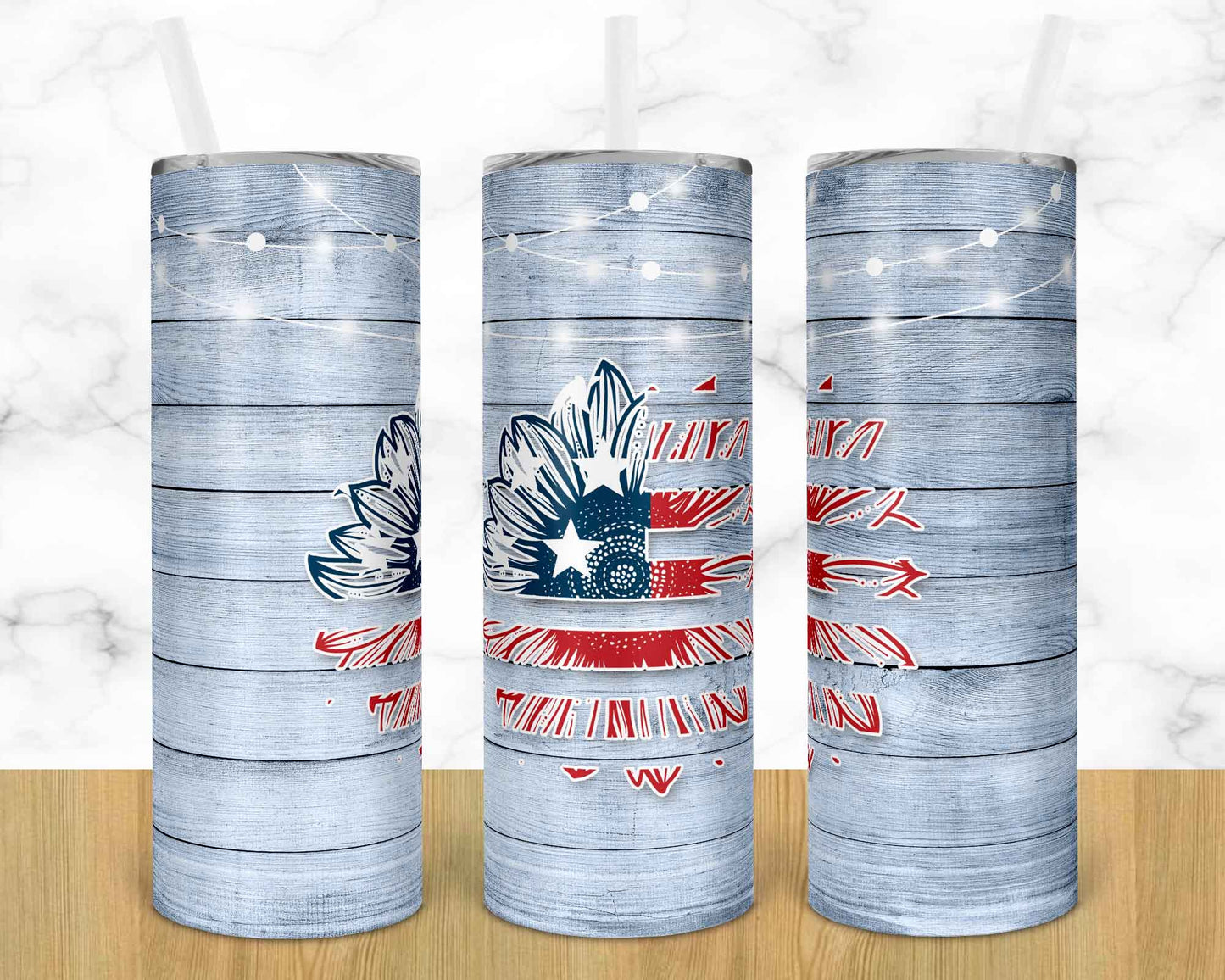 Wooden Red White & Blue Sunflower- 20 oz or 30oz Skinny Tumblers w/ Lid and Metal Straw