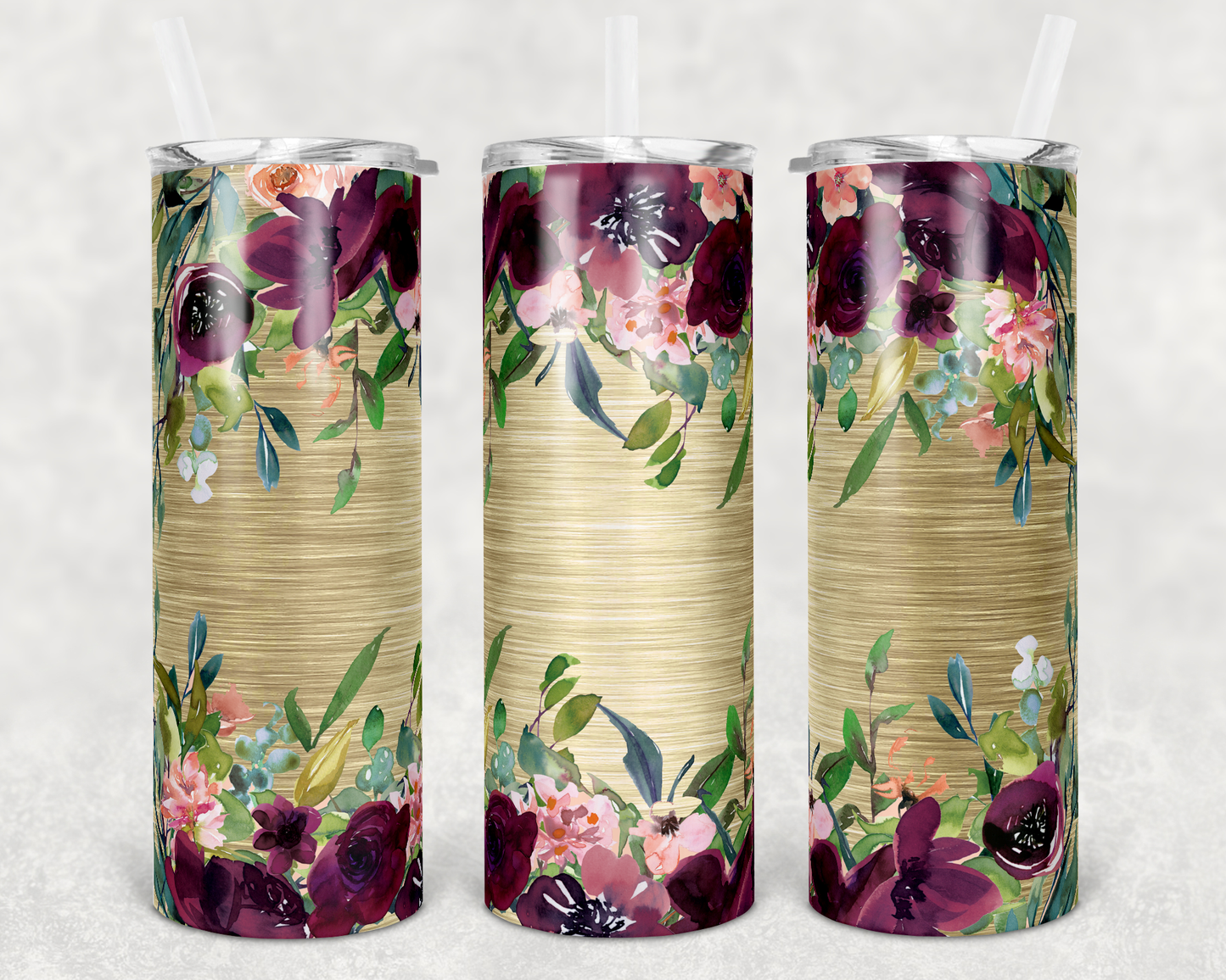 Wooden Purple Floral - 20oz or 30oz Skinny Tumblers w/ Lid and Metal Straw