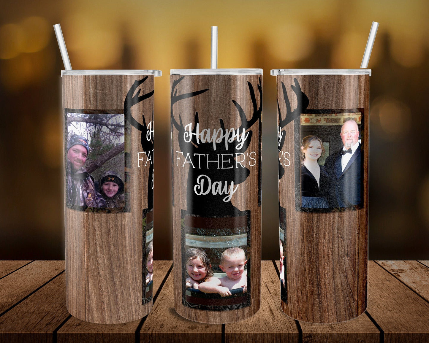 Wooden Deer Father’s day Picture - 20 oz or 30oz Skinny Tumblers w/ Lid and Metal Straw