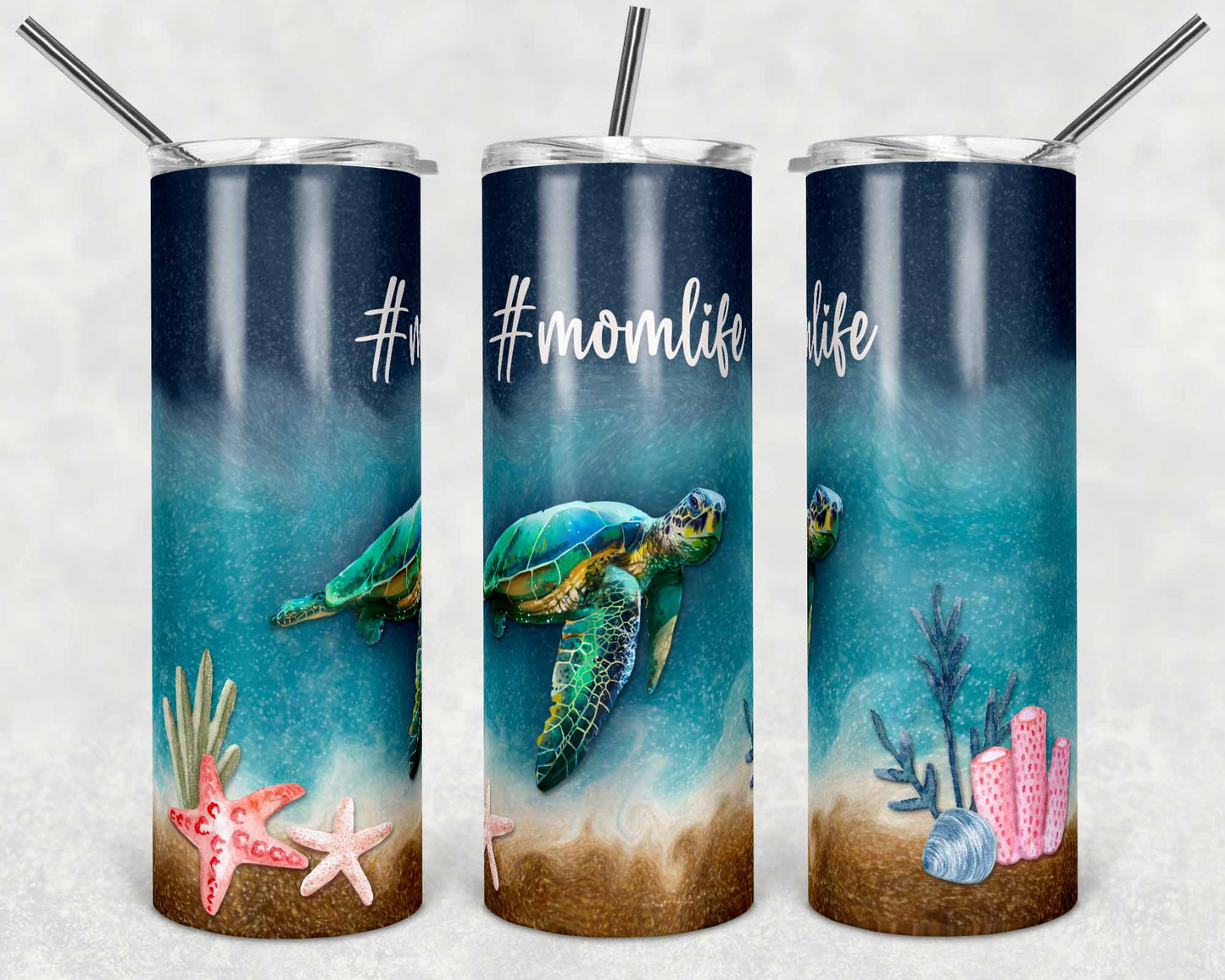 Mom Life Blue Ombré Turtle Summer- 20oz or 30oz Skinny Tumblers w/ Lid and Metal Straw