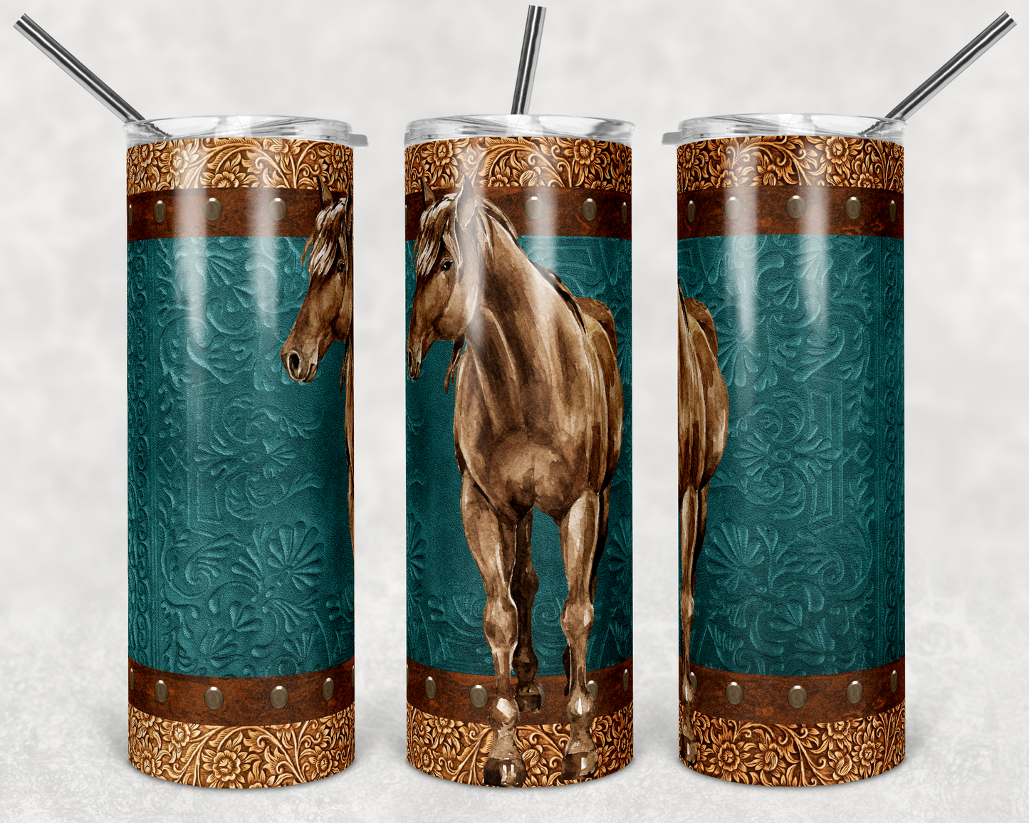 Teal Leather Horse- 20 oz or 30oz Skinny Tumblers w/ Lid and Metal Straw