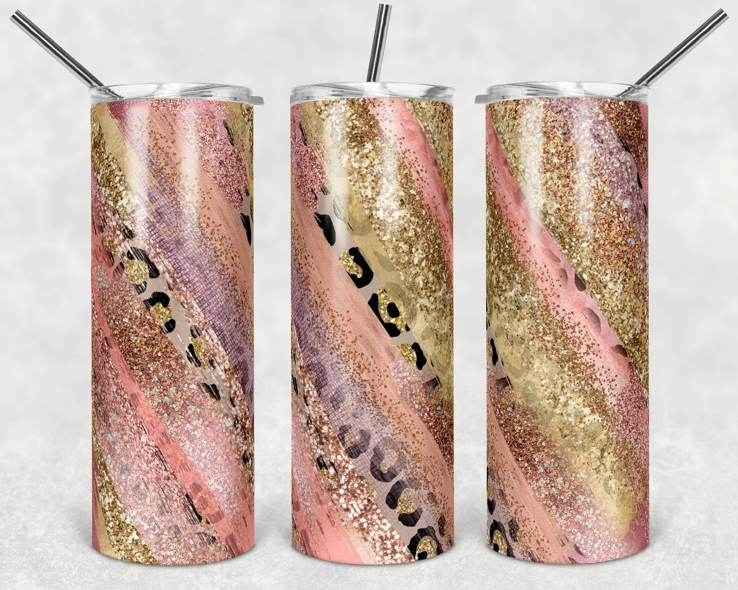 Sparkly Cheetah Print - 20oz or 30oz Skinny Tumblers w/ Lid and Metal Straw