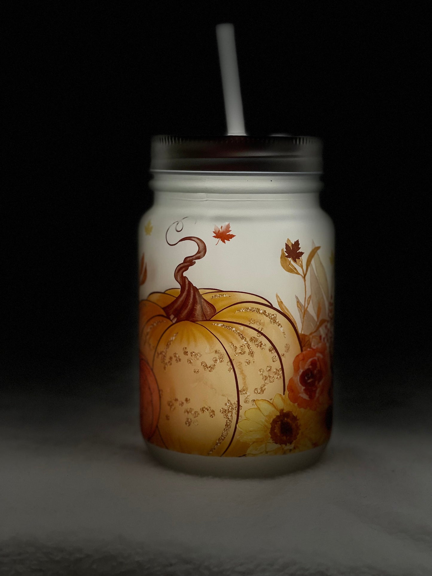Frosted Mason Jar with lid and straw - Pumpkin Fall